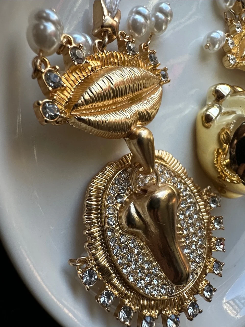 Gold-Tone Lip & Nose Statement Drop Earrings with Pearls